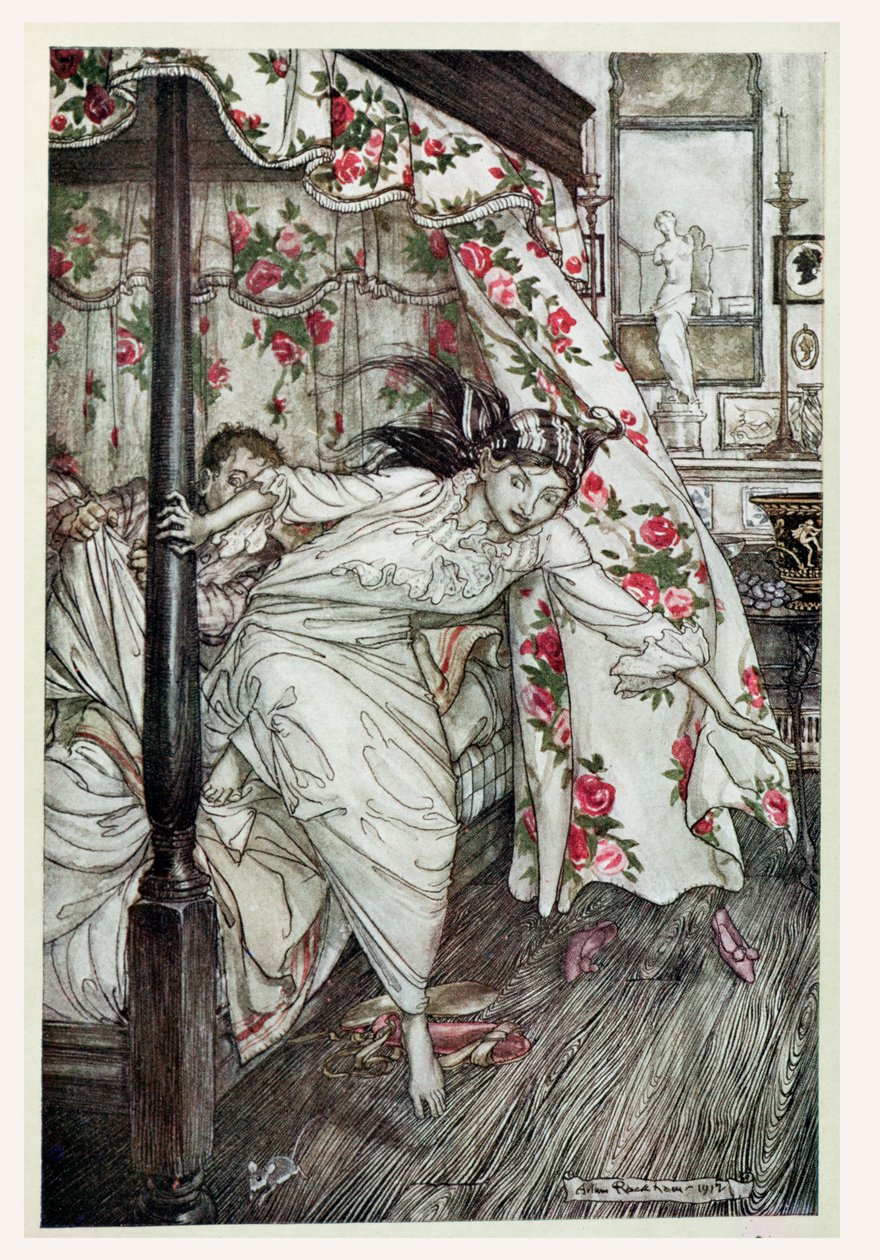 Wenus i kot, ilustracja z „Bajek Ezopa”, wydanej przez Heinemanna, 1912 (kolor lito) autorstwa Arthur Rackham