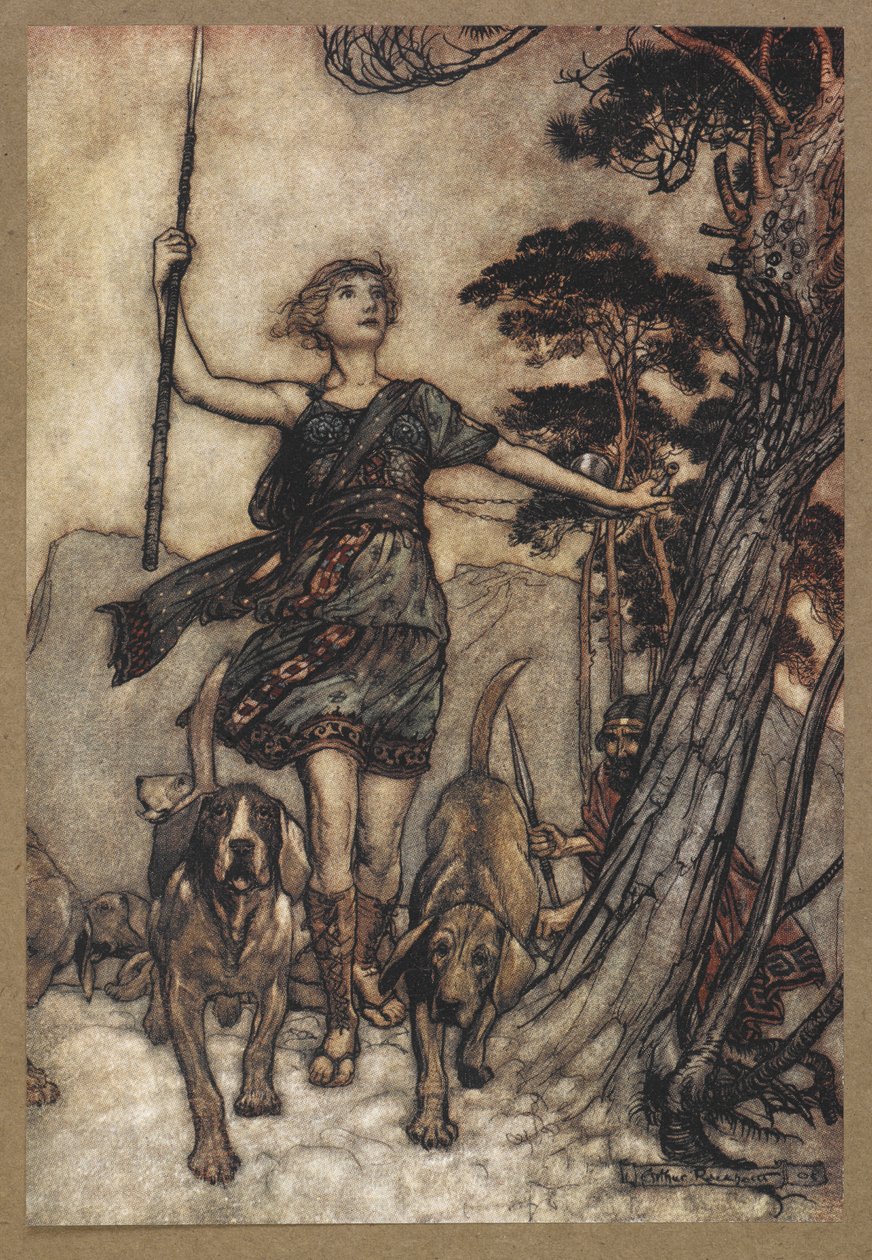 Pójdziemy, piękna królowo, na szczyt góry i zaznaczymy muzyczne zamieszanie psów i echo w zamieszaniu”. Kadr z filmu „Sen nocy letniej”. autorstwa Arthur Rackham