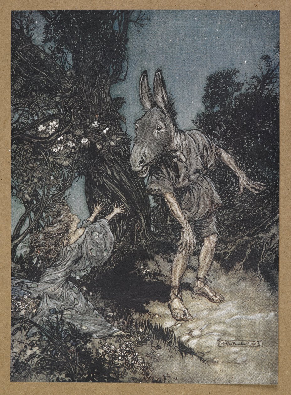 „Jaki anioł budzi mnie z kwiecistego łóżka?” Tytania i dno. Kadr z filmu „Sen nocy letniej”. autorstwa Arthur Rackham