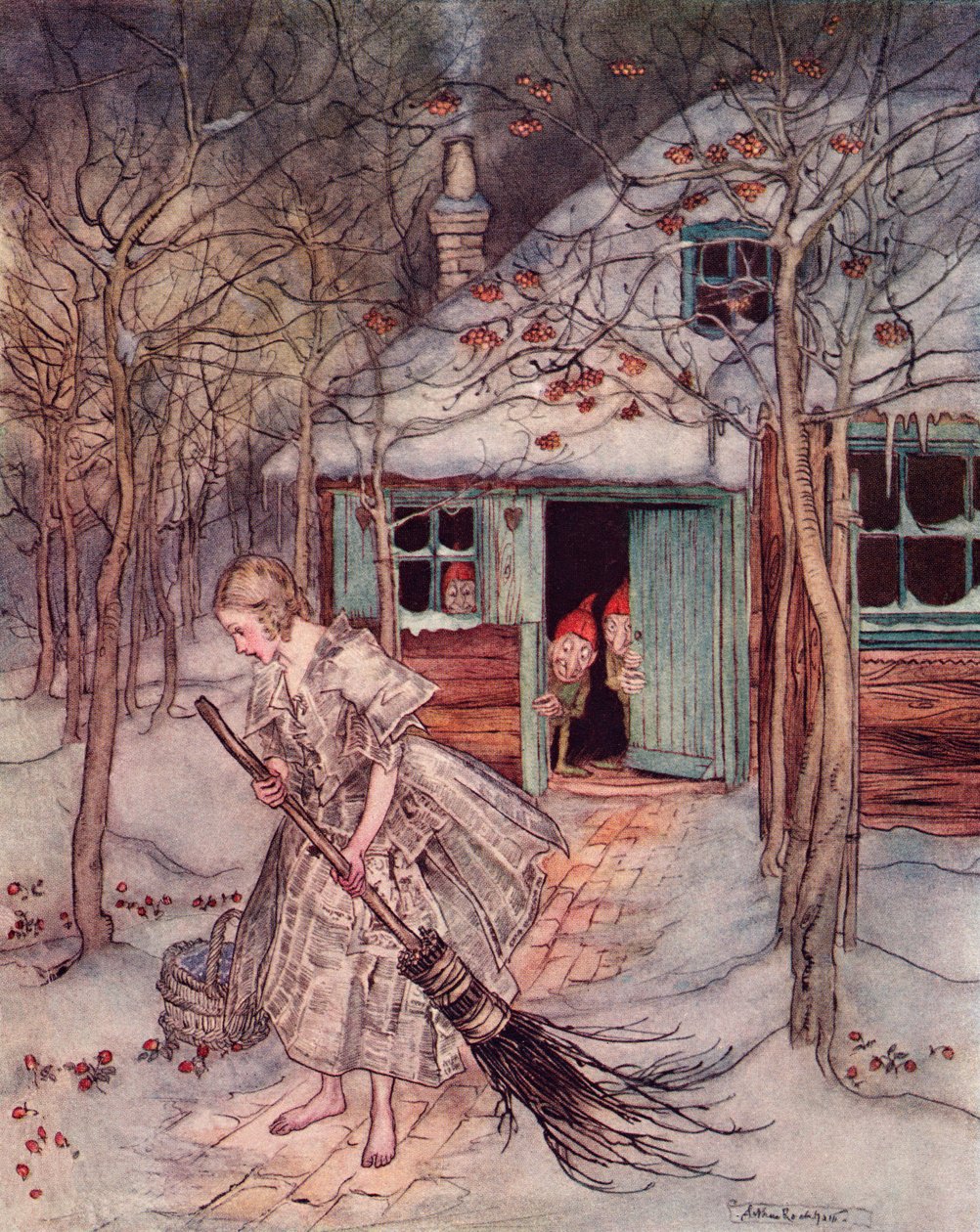 Co tam znalazła oprócz prawdziwych dojrzałych truskawek. Ilustracja autorstwa Arthura Rackhama z baśni Grimm, The Three Little Men in the Wood, opublikowanej pod koniec XIX wieku. autorstwa Arthur Rackham