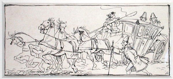 „Co sprawia, że autokar jest dziś taki ciężki?”, ilustracja z „The Ingoldsby Legends, czyli Mirth and Marvels”, autorstwa Thomasa Ingoldsby, opublikowanej w 1898 r. (pióro i atrament na papierze) autorstwa Arthur Rackham
