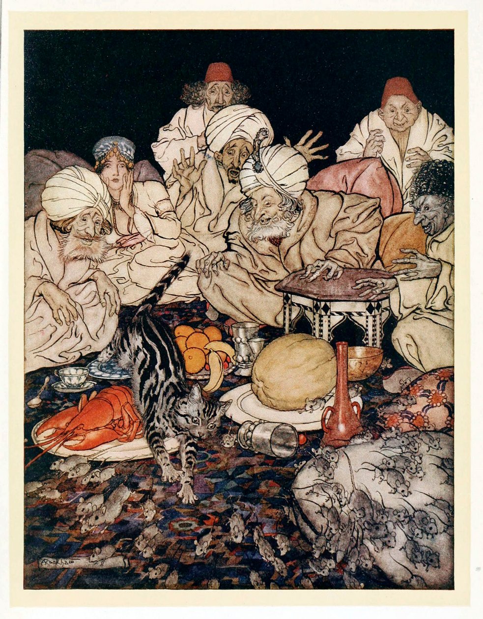 Kiedy Kot zobaczył szczury i myszy, nie czekała, aż im to powiedziano, z pubu English Fairy Tales. 1922. autorstwa Arthur Rackham