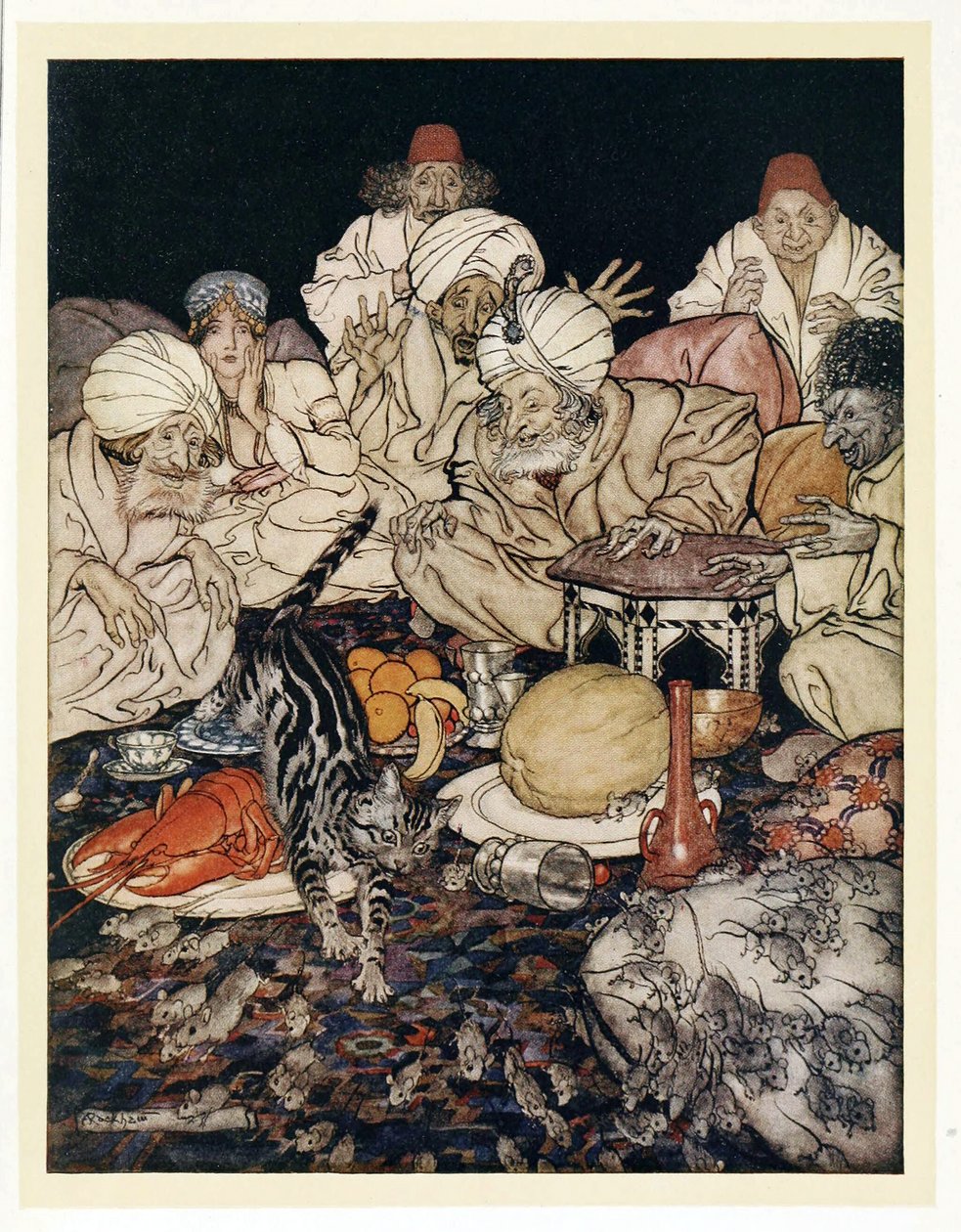 Kiedy Kot zobaczył szczury i myszy, nie czekała, aż im to powiedziano, z pubu English Fairy Tales. 1922 autorstwa Arthur Rackham