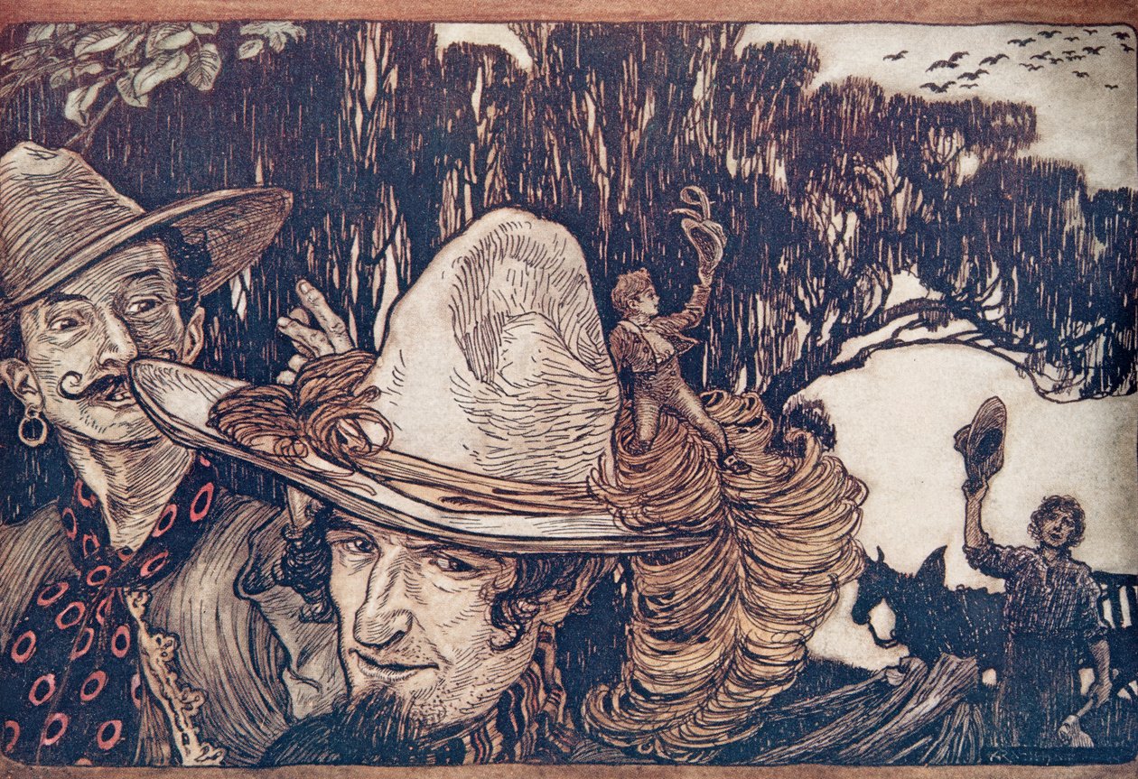 Gdy Tom pożegnał się ze swoim Ojcem, wyjechali z nim… z Bajek braci Grimm, wyd. 1909 autorstwa Arthur Rackham