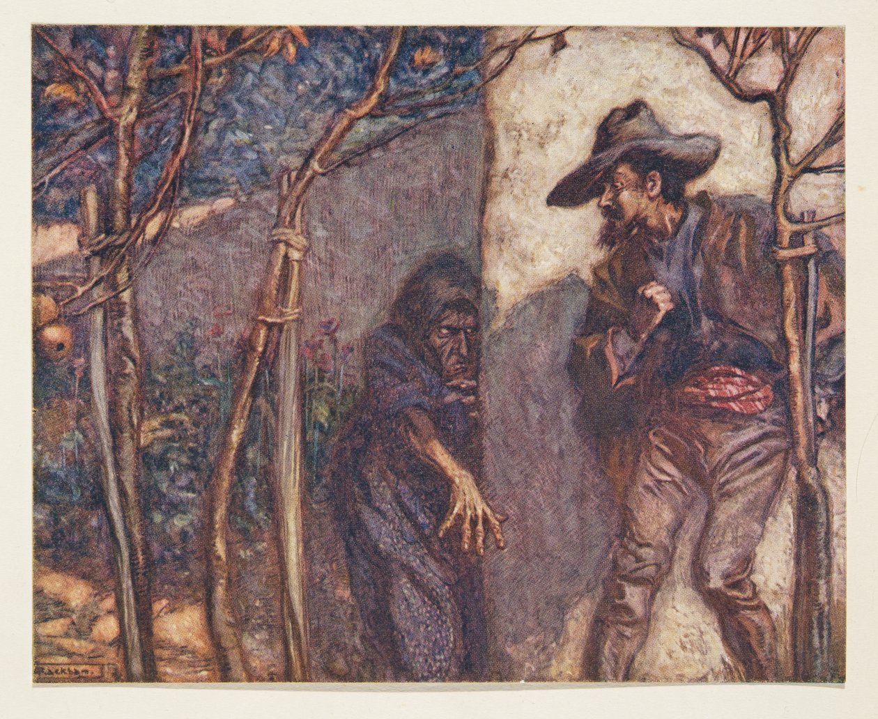 Kiedy przeszedł przez mur, był przerażony, widząc przed sobą Czarownicę, z The Fairy Tales of the Brothers Grimm, pub. 1909 autorstwa Arthur Rackham