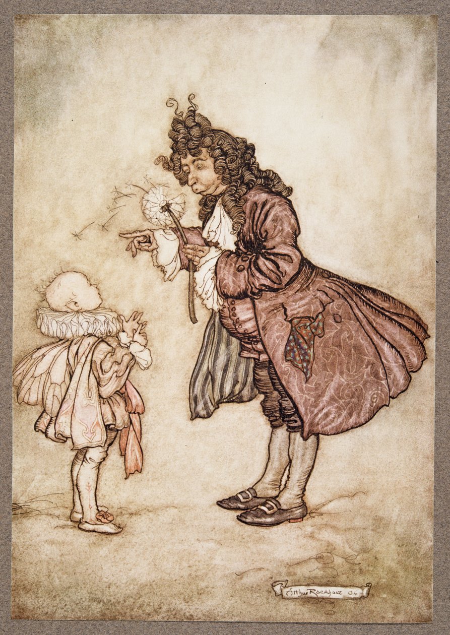 Kiedy Jej Wysokość chce znać godzinę, z Piotrusia Pana w Ogrodach Kensington J M Barrie (1860 - 1937), pub. 1906 autorstwa Arthur Rackham