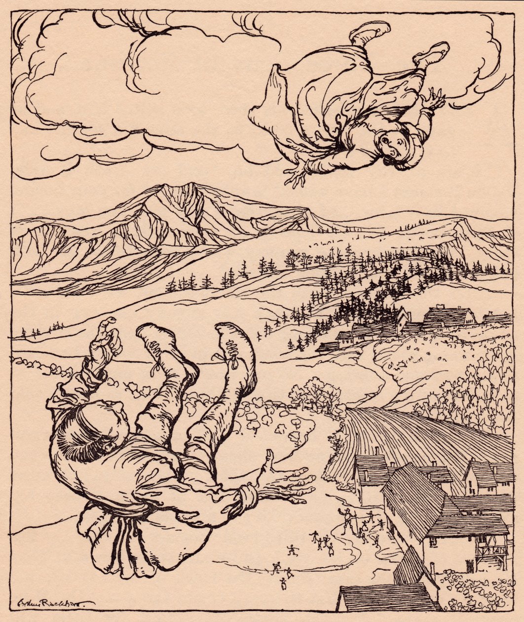 Kiedy jej mąż ją zobaczył, krzyknął: Cześć! chodź do mnie tutaj”. Ilustracja Arthura Rackhama z baśni Grimm Młody olbrzym. autorstwa Arthur Rackham