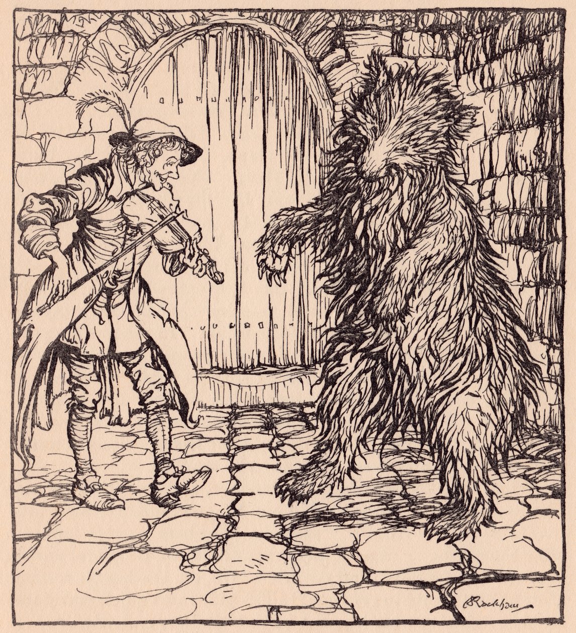 Kiedy niedźwiedź usłyszał muzykę, nie mógł powstrzymać się od tańca. Ilustracja autorstwa Arthura Rackhama z baśni braci Grimm, Przebiegły mały krawiec. autorstwa Arthur Rackham