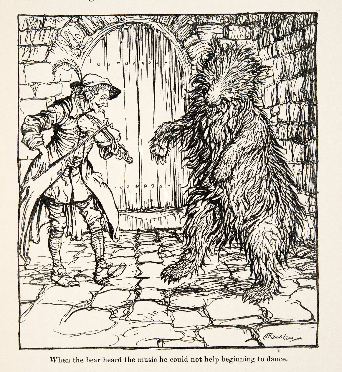 Kiedy niedźwiedź usłyszał muzykę, zaczął tańczyć, z Little Brother & Little Sister i Other Tales braci Grimm, wyd. 1917 (lito) autorstwa Arthur Rackham