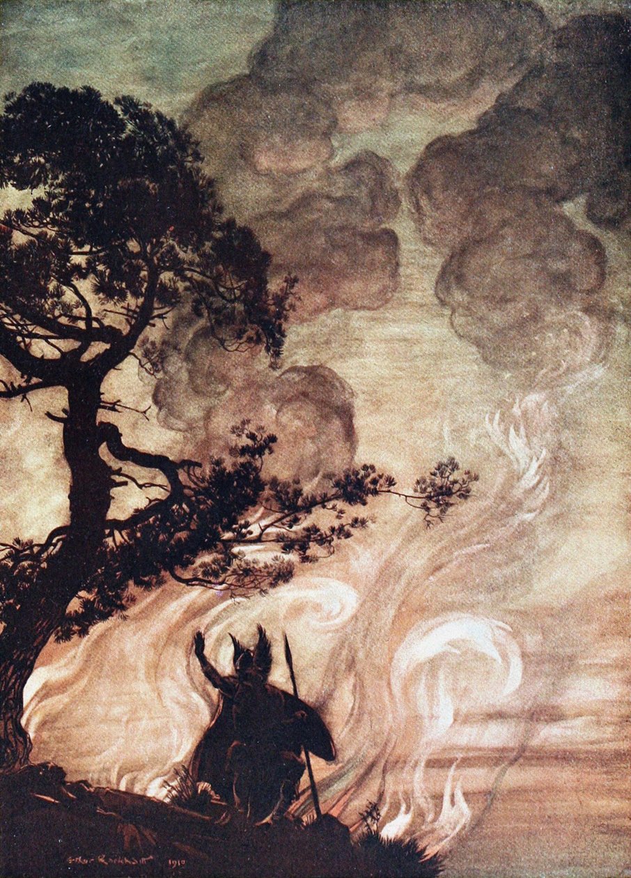 Wotan odwraca się i ze smutkiem spogląda na Brünnhilde. Ilustracja do Złota Renu i Walkirii autorstwa Arthur Rackham