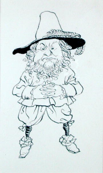 „...ubrana w osobliwy, dziwaczny sposób; …ich twarze też były osobliwe; jeden miał dużą brodę, szeroką twarz i małe, świńskie oczy”, ilustracja z „The Story of Rip van Winkle” Washingtona Irvinga autorstwa Arthur Rackham