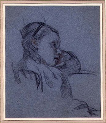 Portret siedzącej dziewczyny, ok. 1870 (czerwona i czarna kreda na niebieskim papierze) autorstwa Arthur Stocks