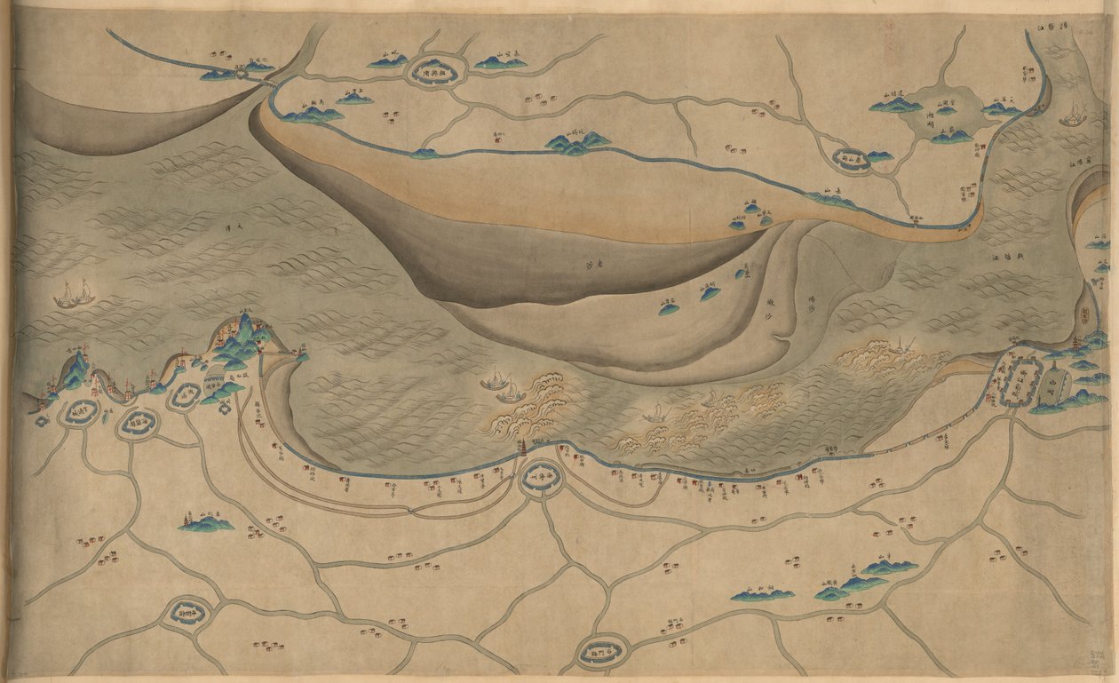 120 000. dostarczony. Zorientowany na północ do dołu. Relief pokazany obrazowo. Mapa obrazkowa. Zakup Hummela 1930, nr. 34. Pokazuje obszar wzdłuż rzeki Qiantang, zwłaszcza odcinek zatoki Hangzhou w prowincji Zhejiang. Dostępne również w Bibliotece ul autorstwa Arthur W. Hummel