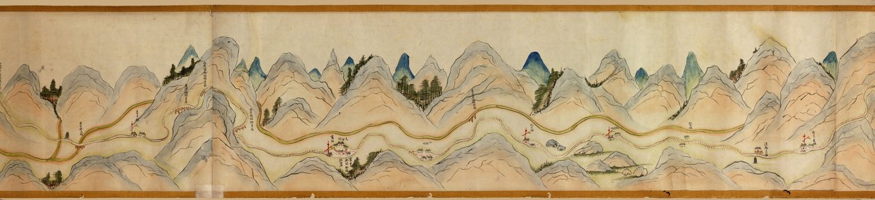 16 000. dostarczony. Zorientowany na północ w prawo. Relief pokazany obrazowo. Widok z lotu ptaka. Obejmuje rzekę Wei w Baoji Xian, Shanxi Sheng do Shu Dao na granicy Shanxi-Syczuan. Pokazuje osiedla, postoje, stacje, zajazdy, świątynie, przełęcze, walle autorstwa Arthur W. Hummel