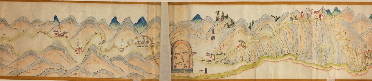 16 000. dostarczony. Zorientowany na północ w prawo. Relief pokazany obrazowo. Widok z lotu ptaka. Obejmuje rzekę Wei w Baoji Xian, Shanxi Sheng do Shu Dao na granicy Shanxi-Syczuan. Pokazuje osiedla, postoje, stacje, zajazdy, świątynie, przełęcze, walle autorstwa Arthur W. Hummel
