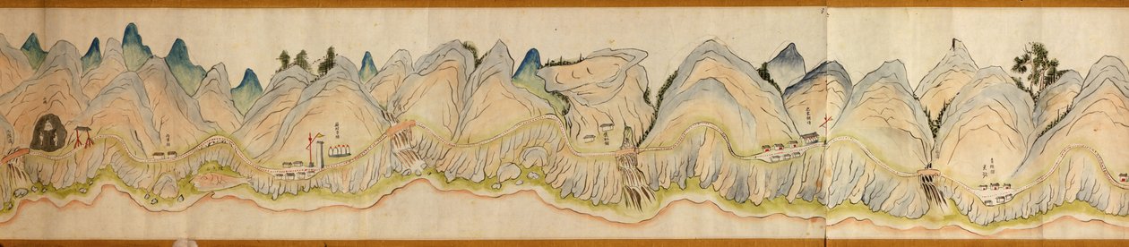 16 000. dostarczony. Zorientowany na północ w prawo. Relief pokazany obrazowo. Widok z lotu ptaka. Obejmuje rzekę Wei w Baoji Xian, Shanxi Sheng do Shu Dao na granicy Shanxi-Syczuan. Pokazuje osiedla, postoje, stacje, zajazdy, świątynie, przełęcze, walle autorstwa Arthur W. Hummel