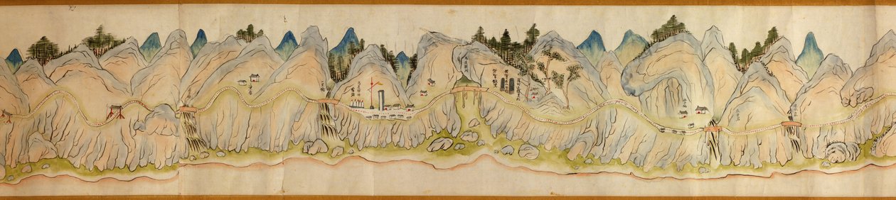 16 000. dostarczony. Zorientowany na północ w prawo. Relief pokazany obrazowo. Widok z lotu ptaka. Obejmuje rzekę Wei w Baoji Xian, Shanxi Sheng do Shu Dao na granicy Shanxi-Syczuan. Pokazuje osiedla, postoje, stacje, zajazdy, świątynie, przełęcze, walle autorstwa Arthur W. Hummel