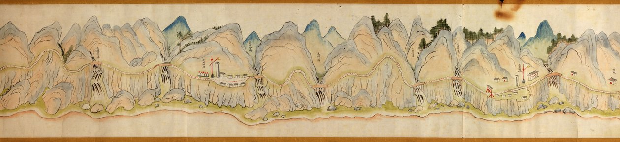 16 000. dostarczony. Zorientowany na północ w prawo. Relief pokazany obrazowo. Widok z lotu ptaka. Obejmuje rzekę Wei w Baoji Xian, Shanxi Sheng do Shu Dao na granicy Shanxi-Syczuan. Pokazuje osiedla, postoje, stacje, zajazdy, świątynie, przełęcze, walle autorstwa Arthur W. Hummel