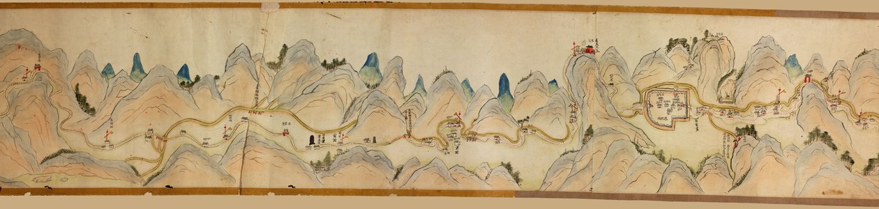 16 000. dostarczony. Zorientowany na północ w prawo. Relief pokazany obrazowo. Widok z lotu ptaka. Obejmuje rzekę Wei w Baoji Xian, Shanxi Sheng do Shu Dao na granicy Shanxi-Syczuan. Pokazuje osiedla, postoje, stacje, zajazdy, świątynie, przełęcze, walle autorstwa Arthur W. Hummel