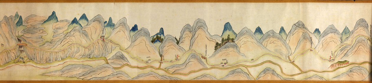 16 000. dostarczony. Zorientowany na północ w prawo. Relief pokazany obrazowo. Widok z lotu ptaka. Obejmuje rzekę Wei w Baoji Xian, Shanxi Sheng do Shu Dao na granicy Shanxi-Syczuan. Pokazuje osiedla, postoje, stacje, zajazdy, świątynie, przełęcze, walle autorstwa Arthur W. Hummel