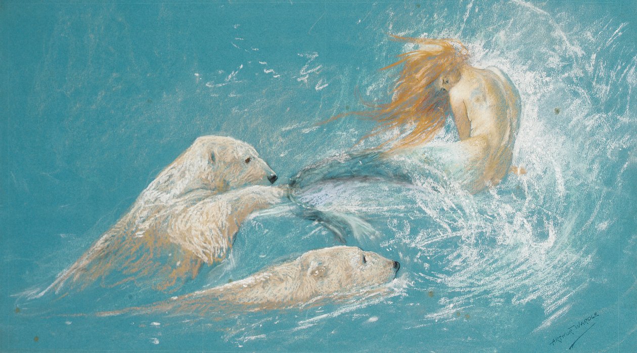 Syrenka i niedźwiedzie polarne (ołówek i kreda na papierze) autorstwa Arthur Wardle