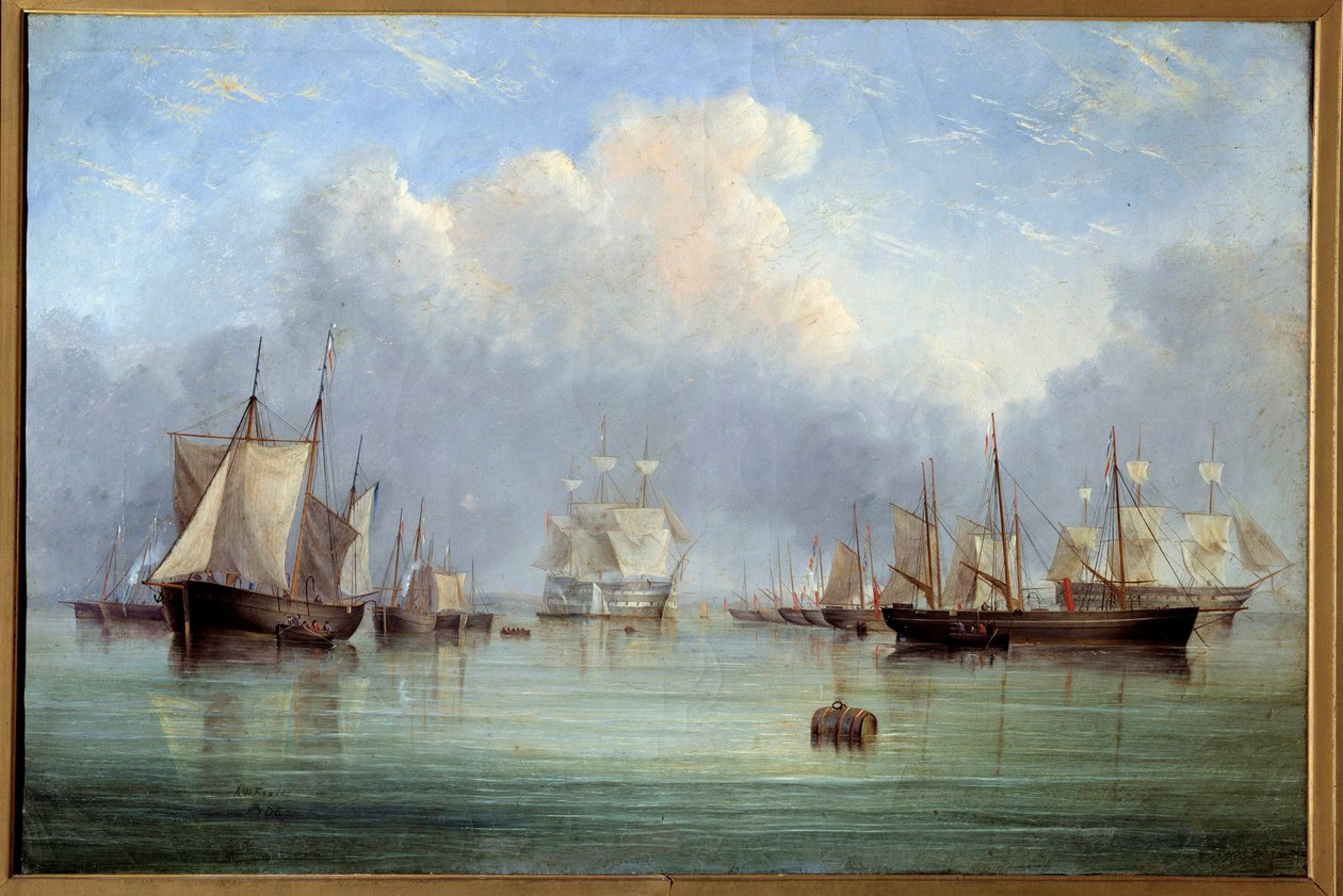 Zacumowane statki morskie i żaglówki. Obraz Arthura Wellingtona Fowlesa (1815-1883) XIX-wieczne Muzeum Sztuk Pięknych w Orleanie autorstwa Arthur Wellington Fowles