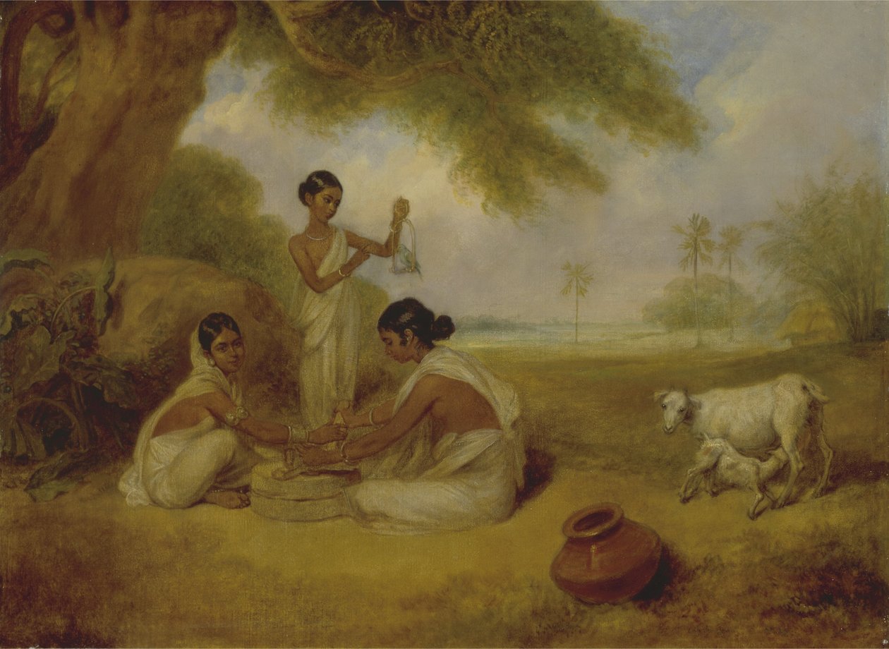 Mielenie kukurydzy, c.1792-95 (olej na płótnie) autorstwa Arthur William Devis