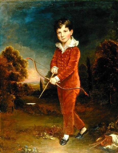 Portret chłopca w czerwonym garniturze trzymającego łuk i strzałę (olej na płótnie) autorstwa Arthur William Devis