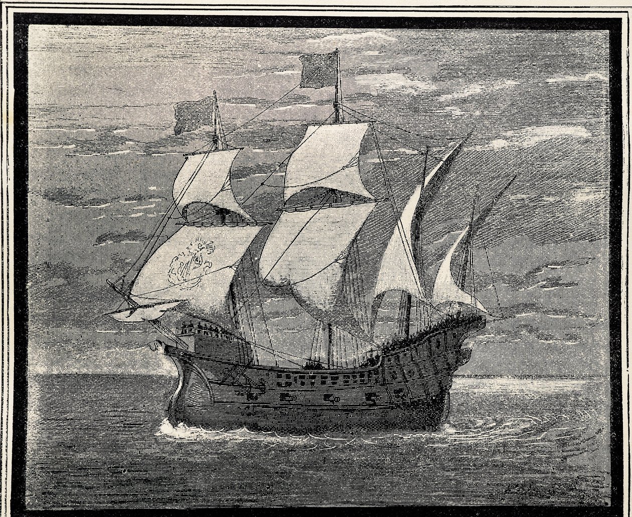 Hiszpański galeon z XVI wieku. Rycina. HISZPANIA. ARAGON. Saragossa. Akademia Wojskowa autorstwa Artist Unknown