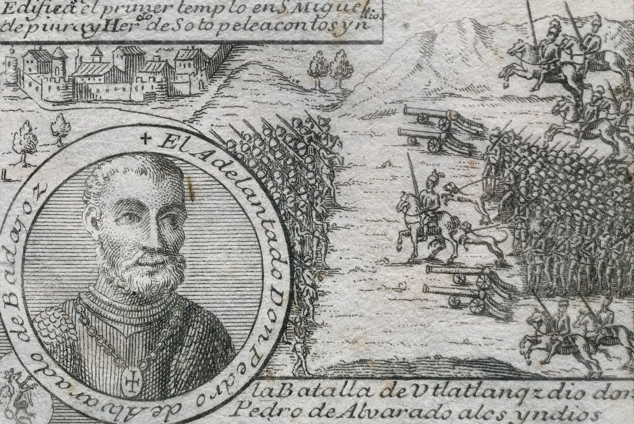 ALVARADO, Pedro de (1485-1541). Hiszpański konkwistador i gubernator Gwatemali. Bitwa pod Ulatlanga autorstwa Artist Unknown