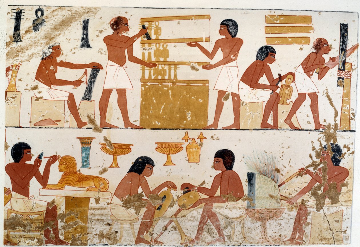 Rzemieślnicy przy pracy. Faksymile reprodukcji na podstawie dokumentu z Teb, okres Amenofisa III (XVIII dynastia) autorstwa Artist Unknown