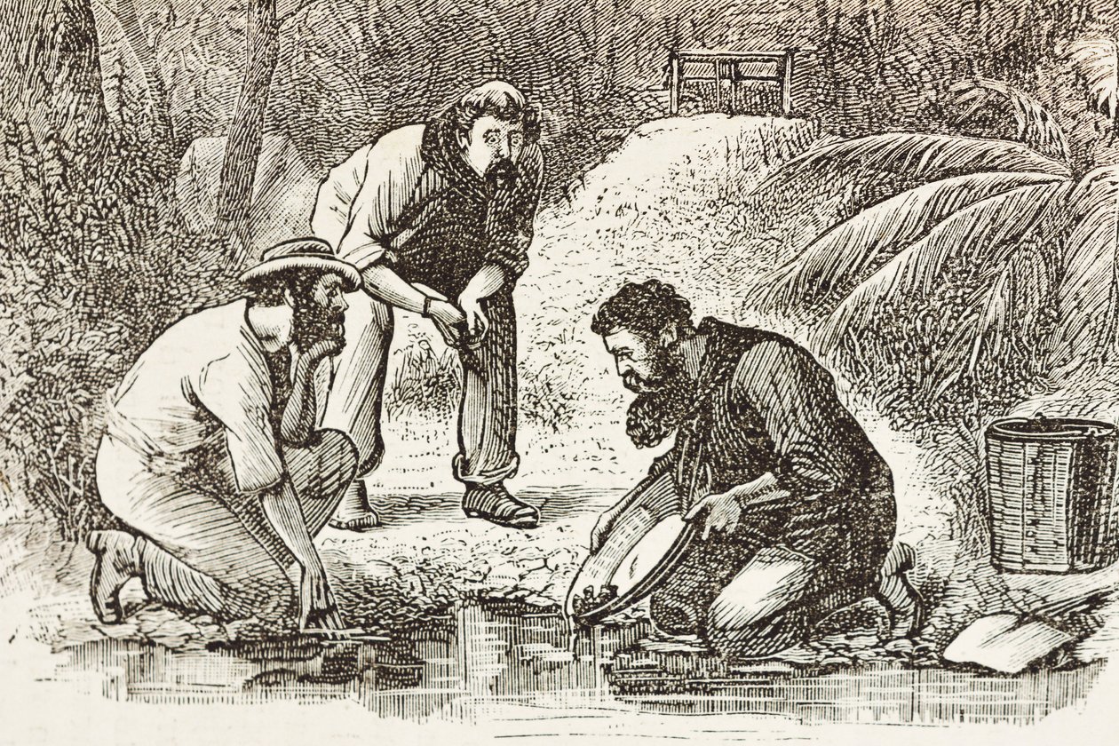 Australia (1880). Życie poszukiwaczy złota w Botany Bay (założonej w 1788 roku). Rycina. Kolekcja prywatna autorstwa Artist Unknown