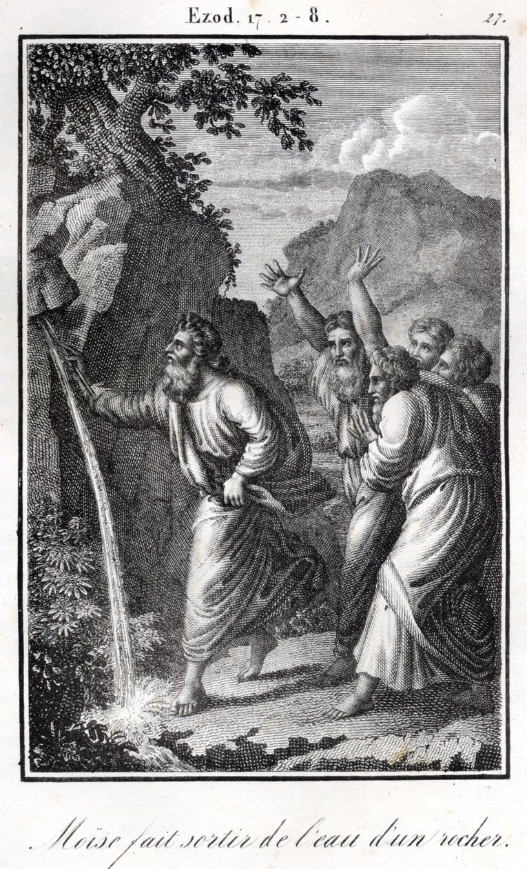 Biblia - Mojżesz uderzający w skałę i wypływająca z niej woda Exodus (grawerunek) autorstwa Artist Unknown