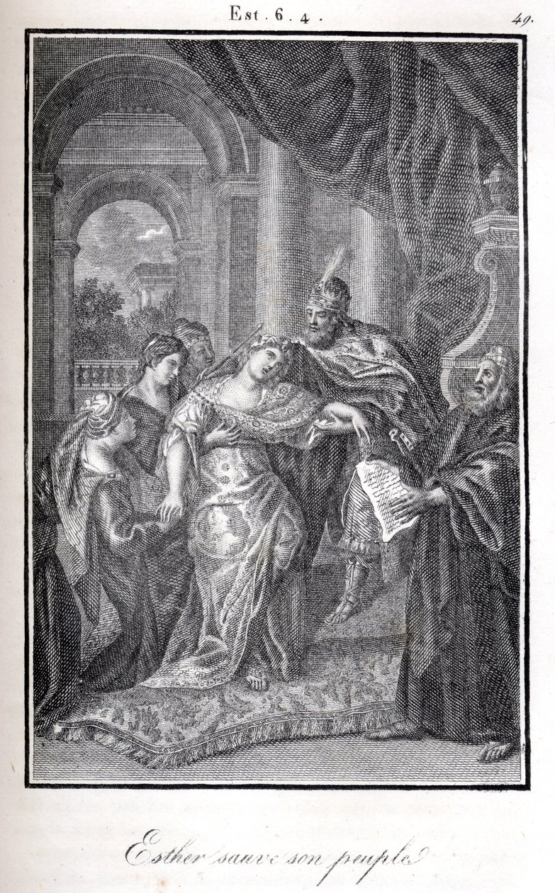Biblia, Estera ratuje swój lud, mówiąc Achaszweroszowi, że Haman planuje ją zabić (rycina) autorstwa Artist Unknown
