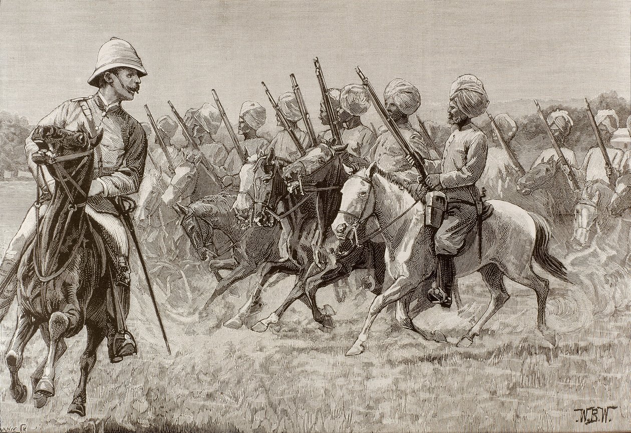 Imperium brytyjskie (XIX w.). Nowe pułki w Birmie. Kompania piechoty konnej drugiego pułku. Rycina. autorstwa Artist Unknown