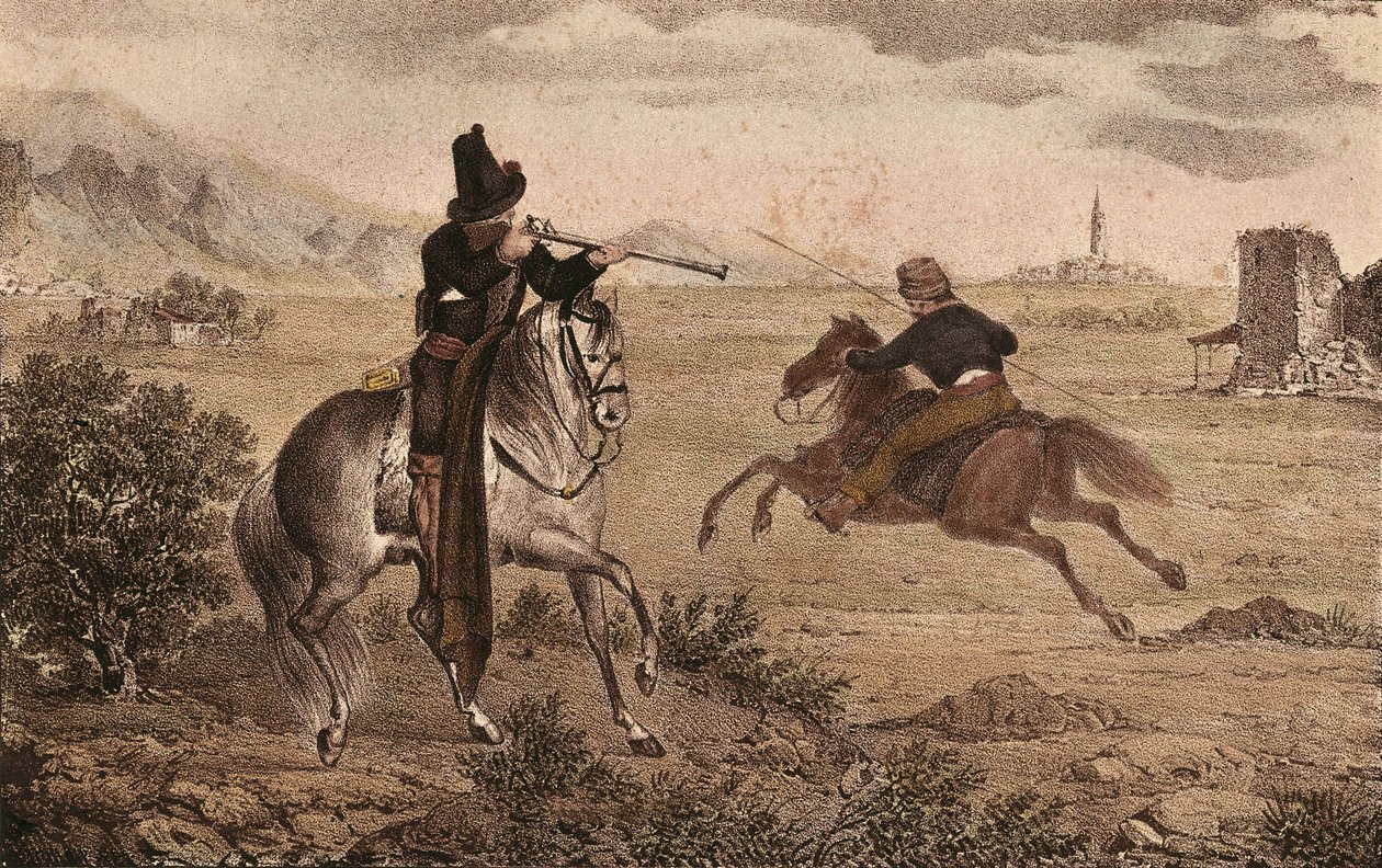 CABRERA Y GRINO, Ramon (1806-1877). Hiszpański wojskowy karlistów. Hiszpania. Wojny karlistów. Kawaleria Cyda. Zdjęcie z "Album de tropas carlistas de Aragon". Litografia. Kolekcja prywatna autorstwa Artist Unknown