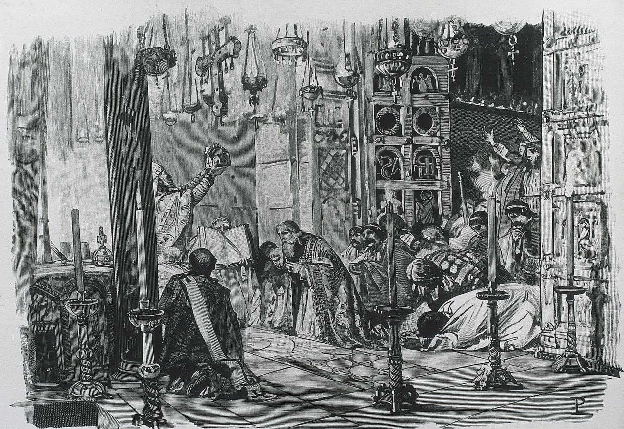 CHARLEMAGNE lub CHARLES I (742-814). Król Franków i Lombardów (768-814) i Święty Cesarz Rzymski (800-814). Koronacja Karola Wielkiego na cesarza rzymskiego (800). Rycina. autorstwa Artist Unknown