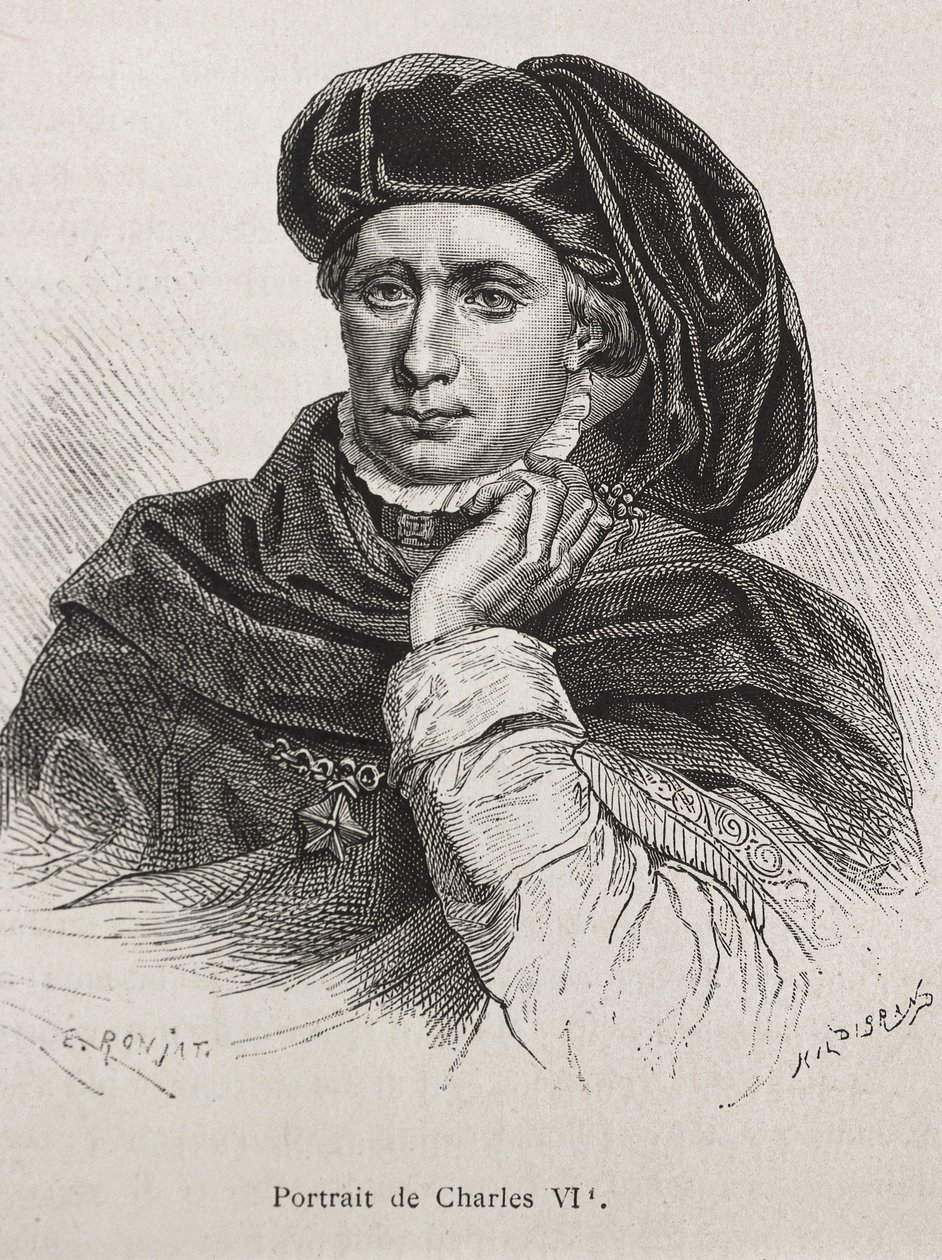 Karol VI Francuski, zwany "Ukochanym" (1368-1422). Król Francji (1380-1422), dynastia Walezjuszy. Rycina. autorstwa Artist Unknown