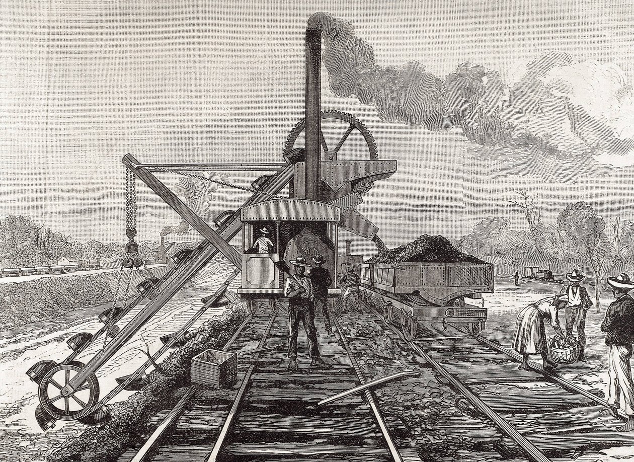 Budowa Kanału Panamskiego. Prace pogłębiarskie w wiosce Culebra. Oryginalny rysunek autorstwa Meltora Priora. Obraz opublikowany w "The Illustrated London News". Rycina. autorstwa Artist Unknown