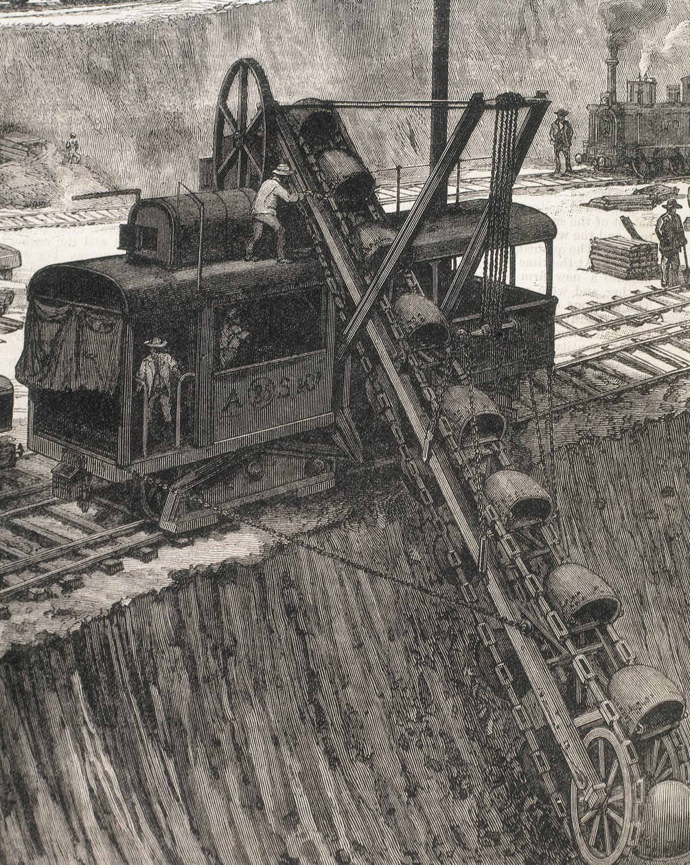 Budowa Kanału Panamskiego. Prace pogłębiarskie w wiosce Culebra. Oryginalny rysunek autorstwa Meltora Priora. Obraz opublikowany w "The Illustrated London News". Rycina. autorstwa Artist Unknown