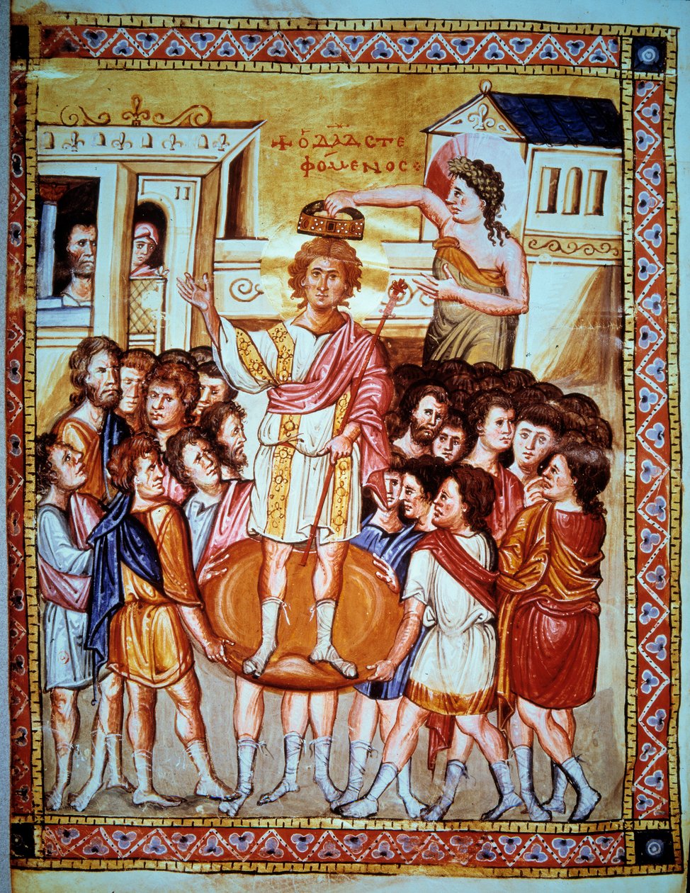 Koronacja króla Dawida (1015 - 975 p.n.e.) na króla Izraela. Miniatura w "Psaltier de Paris" Folio 6v autorstwa Artist Unknown