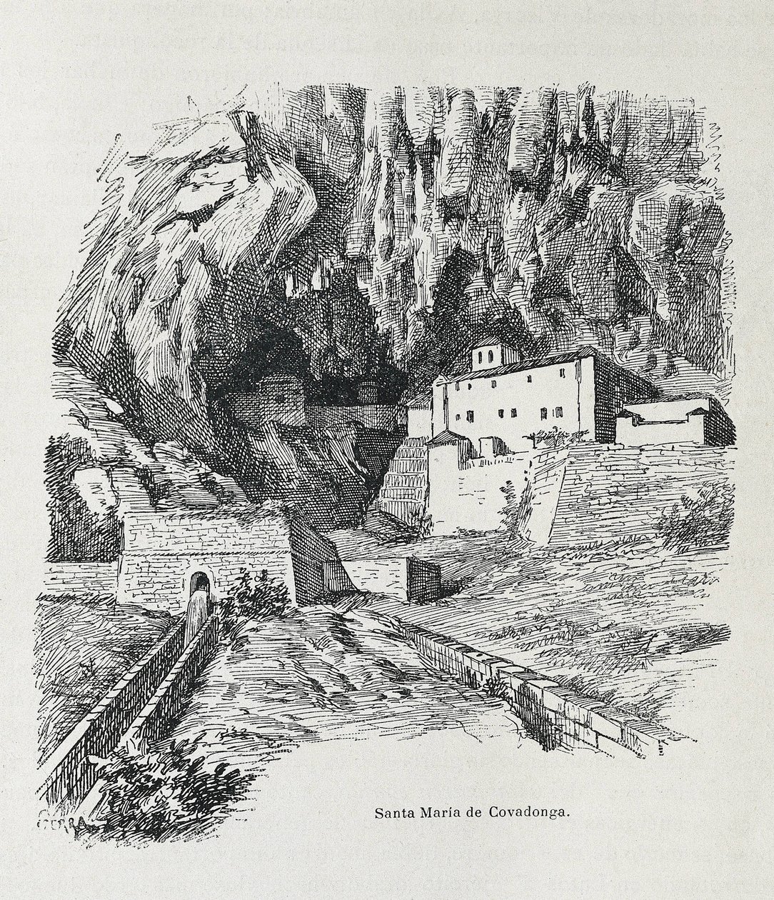 Covadonga. Pustelnia Santa Maria. Rycina. HISZPANIA. ARAGON. Saragossa. Generalna Akademia Wojskowa autorstwa Artist Unknown