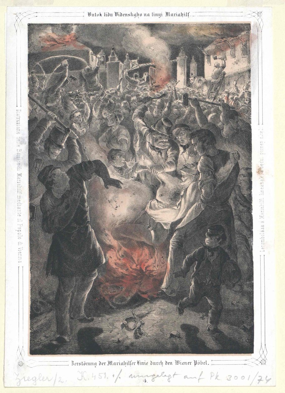 Zniszczenie linii Mariahilf przez wiedeński motłoch autorstwa Artist Unknown
