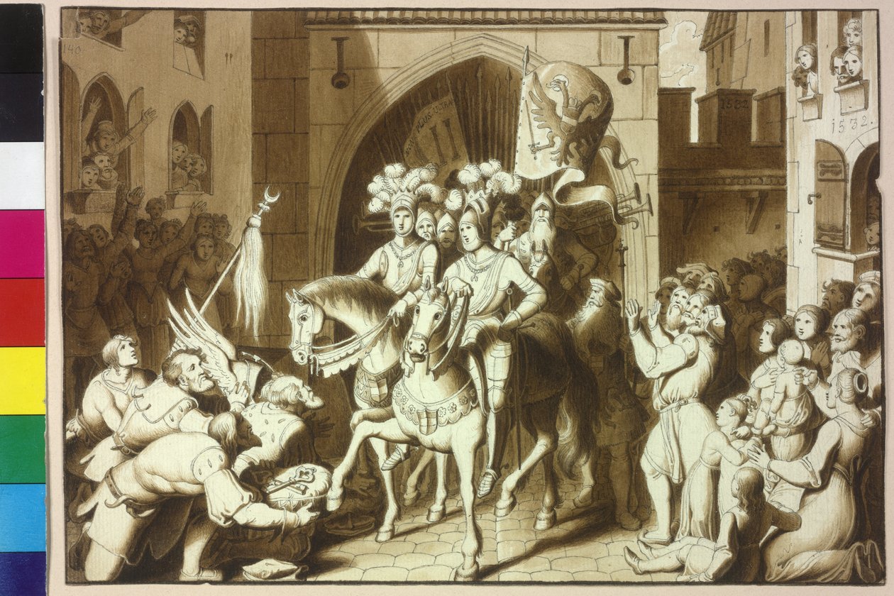 Cesarz Karol V i jego bracia Ferdynand I stając się na jej zajęcie w Wiedniu hełmu fatimskiego pasha Michael Oglu obecny autorstwa Artist Unknown