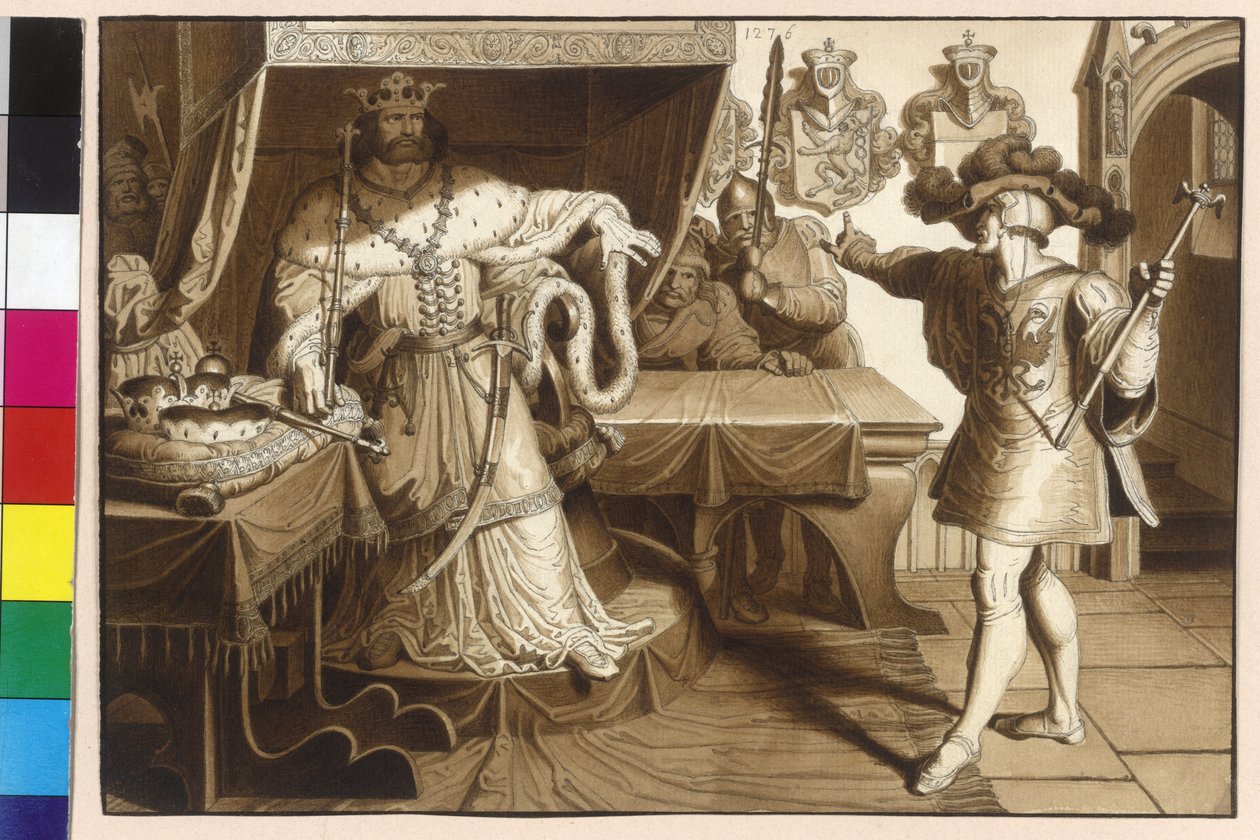Cesarz Rudolf z Habsburga postuluje króla Ottokara II przez swojego herolda do przywrócenia cesarskiego lenna Austrii i Styrii na autorstwa Artist Unknown