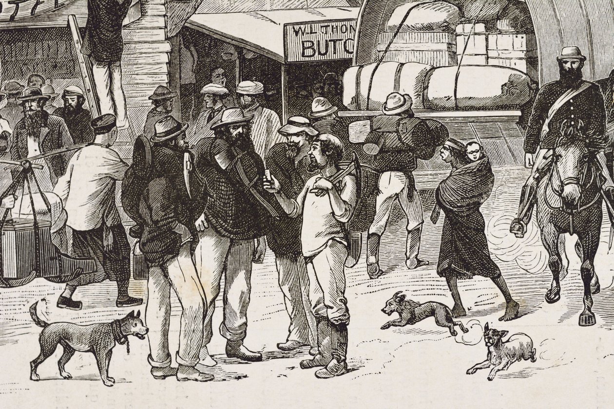 Anglia (XIX w.). Kolonizacja (1880). Życie poszukiwaczy złota w Australii. Angielska kolonia Botany Bay (założona w 1788 r.), początkowo zamieszkana głównie przez przestępców, którzy stali się poszukiwaczami i handlarzami. Rycina. Kolekcja prywatna autorstwa Artist Unknown