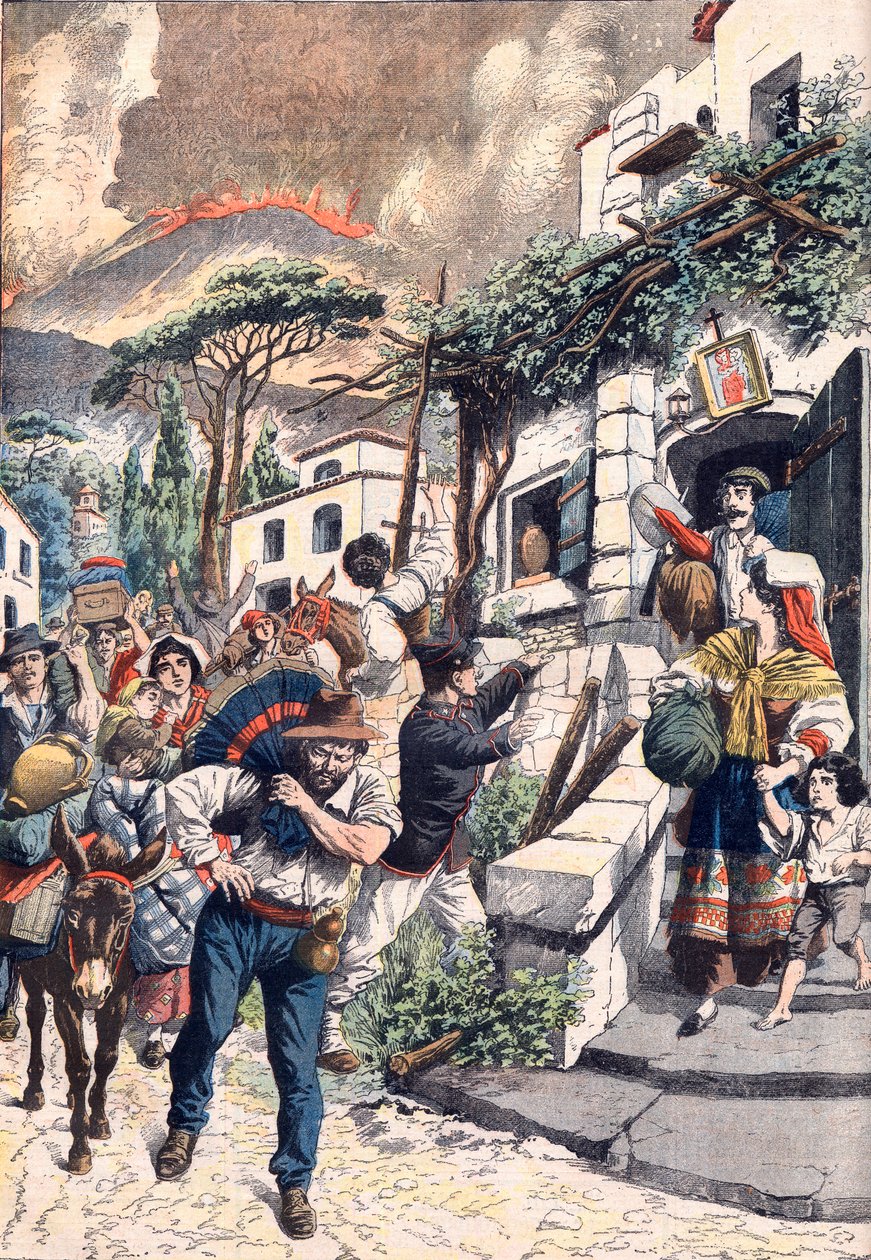 Wybuch Wezuwiusza, ludzie uciekający przed wulkanem, 1906 (druk) autorstwa Artist Unknown