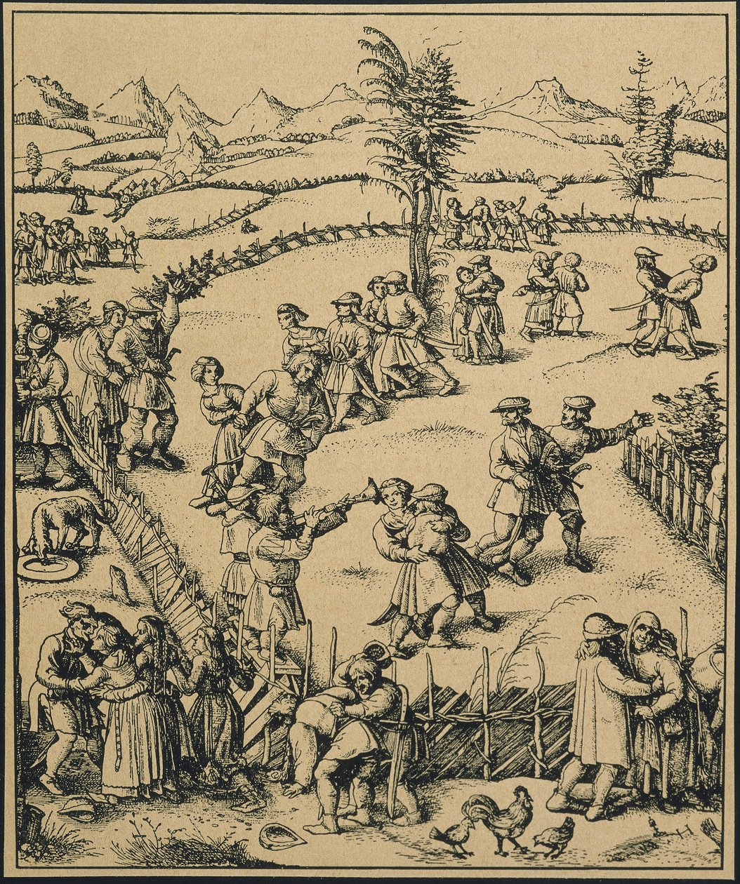 Impreza rolnicza na niemieckiej farmie ("Der Jahrmarkt"). Muzyka i tańce. (rycina) autorstwa Artist Unknown