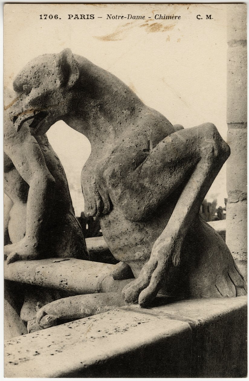 Gargulec lub chimere z katedry Notre Dame de Paris zbudowanej między 1163 a XIV wiekiem - Pocztówka, kolekcja Selva autorstwa Artist Unknown