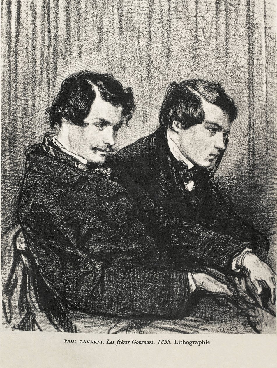 Gavarni, Hippolyte-Guillaume-Sulpice Chevalier, zwany Paulem (1804-1866). Edmond i Jules de Goncourt w loży w teatrze. 1853. GONCOURT, Edmon Huot of (1822-1896). Angielski pisarz; GONCOURT, Jules Huot de (1830-1870). Angielski pisarz. Litografia. Priv autorstwa Artist Unknown